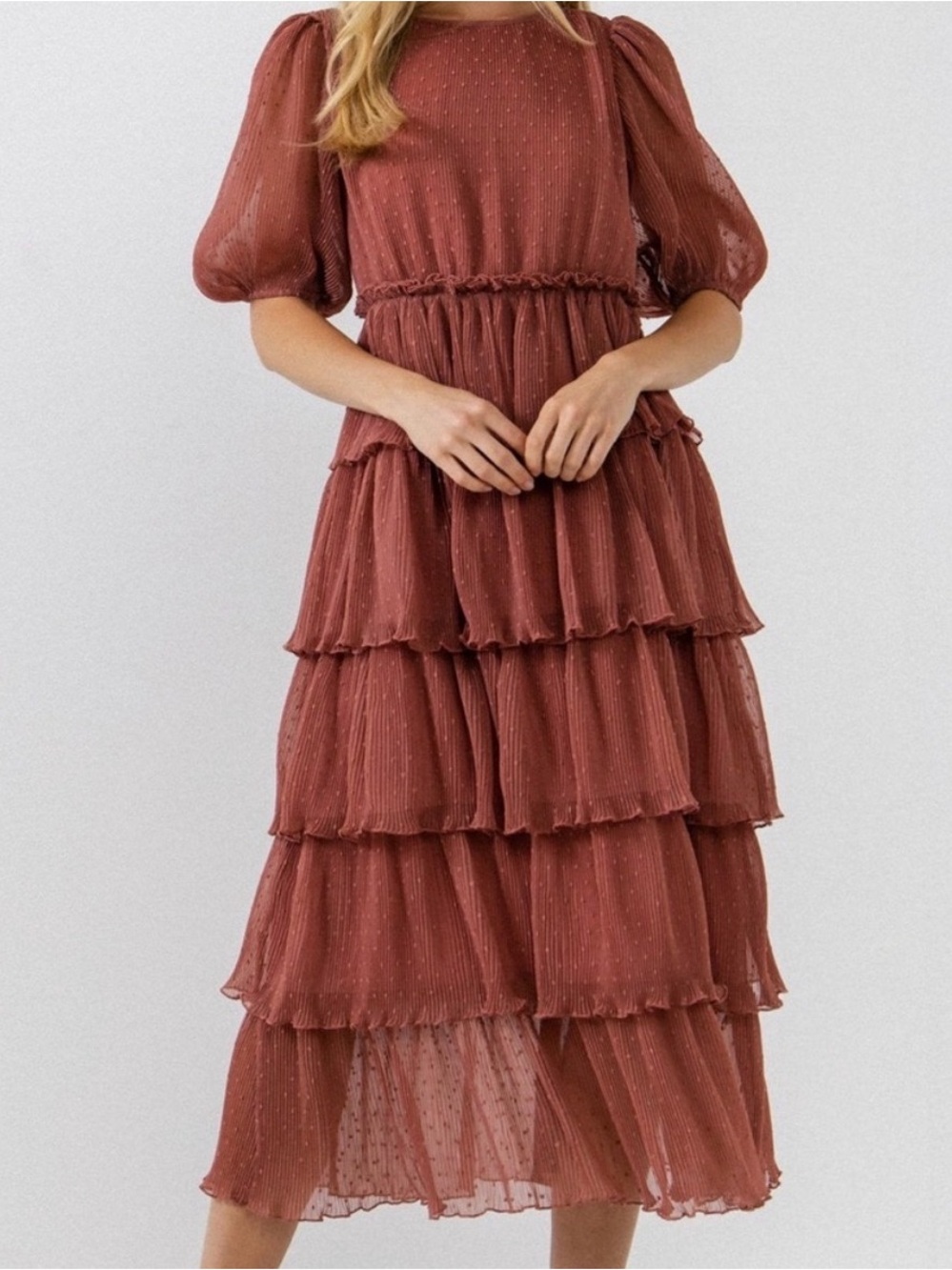 English Factory Tiered Puff-Sleeve Midi Dress in Rust